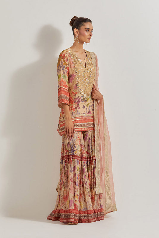 Blooming Burst Tissue Chanderi Sharara Set With Hand Embellished Neckline
