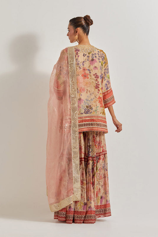 Blooming Burst Tissue Chanderi Sharara Set With Hand Embellished Neckline