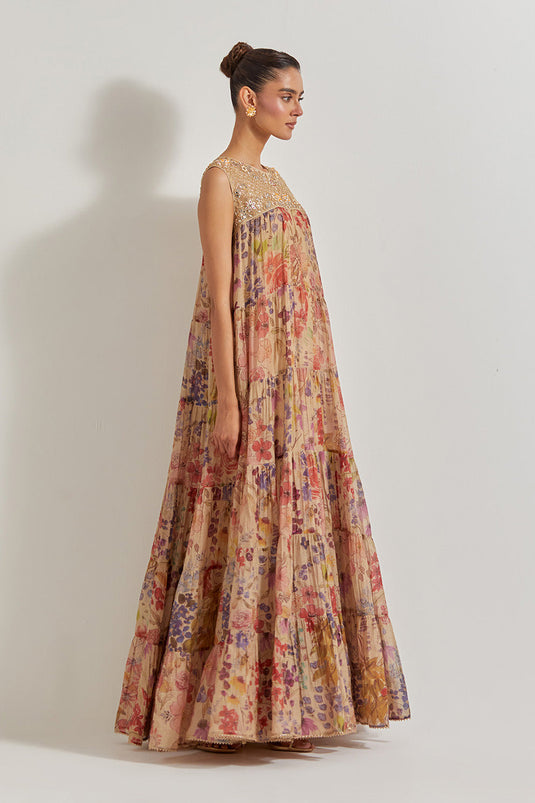 Blooming Burst Tissue Chanderi Tiered Hand Embellished Dress