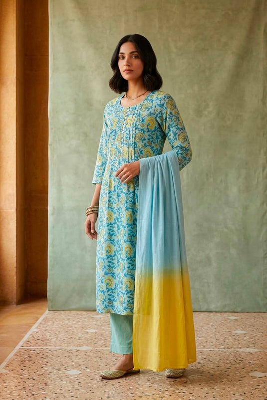 Blue allover block printed kurta paired with strips pants along with shaded duppata