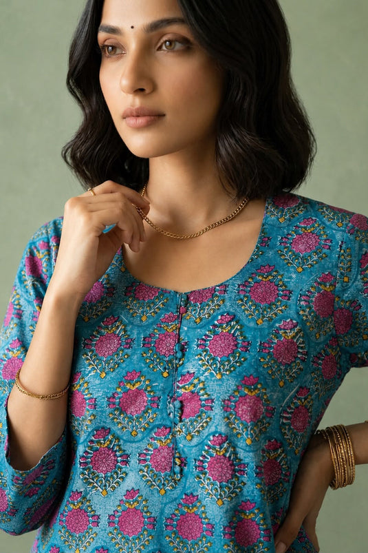 Blue allover geometric kurta pant along with contrasting dupatta