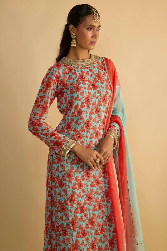 Blue and Orange Floral Printed Kurta Set Hand Embroidered in Georgette with Shaded Organza Chitta Work Organza Dupatta