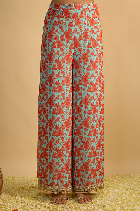 Blue and Orange Floral Printed Kurta Set Hand Embroidered in Georgette with Shaded Organza Chitta Work Organza Dupatta