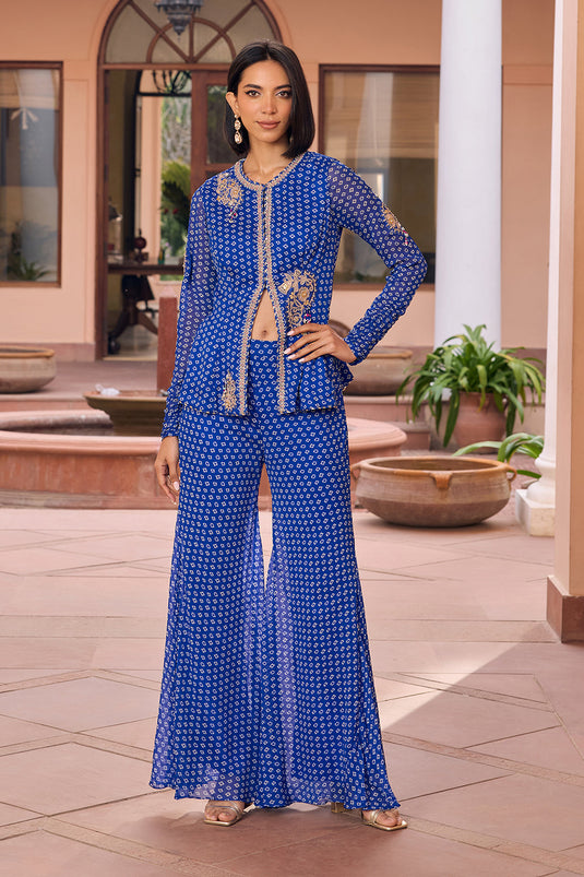 Blue bandhani embroidered sharara pant and top set