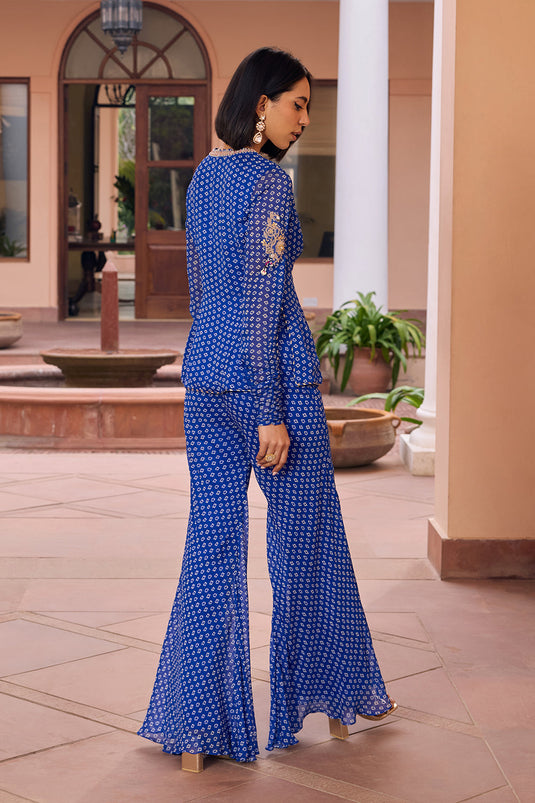 Blue bandhani embroidered sharara pant and top set