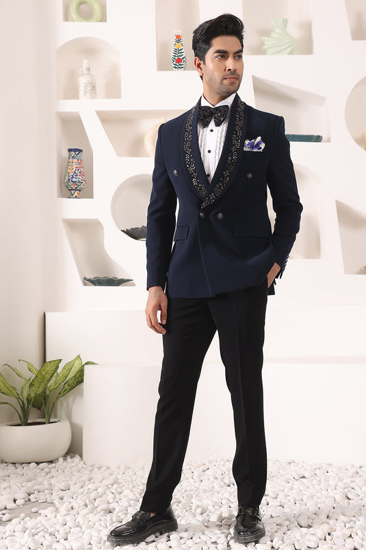 Blue Doublebreast Tuxedo with embroidered collar