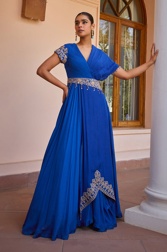 Blue embroidered and layered anarkali gown with dupatta