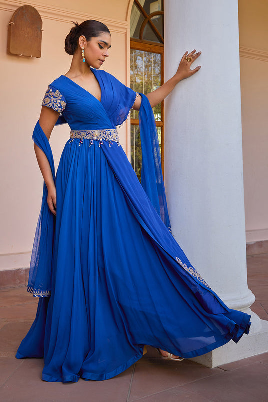 Blue embroidered and layered anarkali gown with dupatta