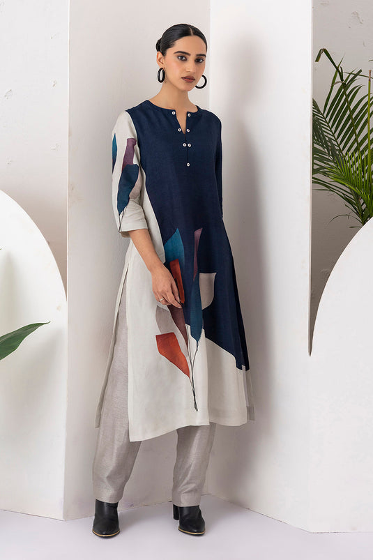 Blue & Ivory Viscose Dupion Printed Tunic