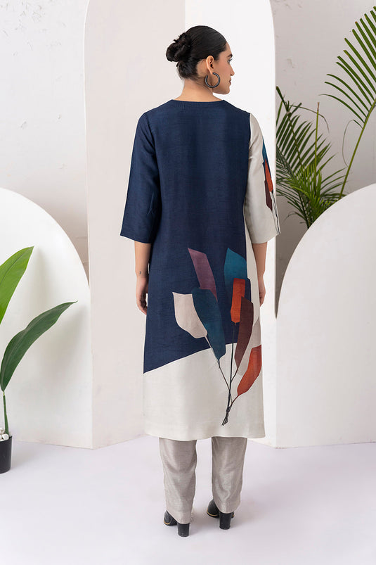 Blue & Ivory Viscose Dupion Printed Tunic