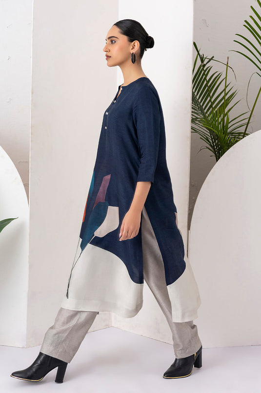 Blue & Ivory Viscose Dupion Printed Tunic