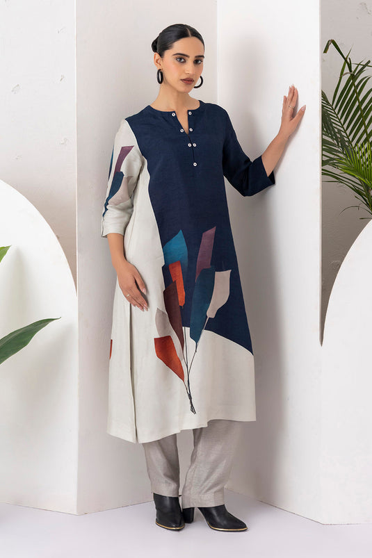 Blue & Ivory Viscose Dupion Printed Tunic