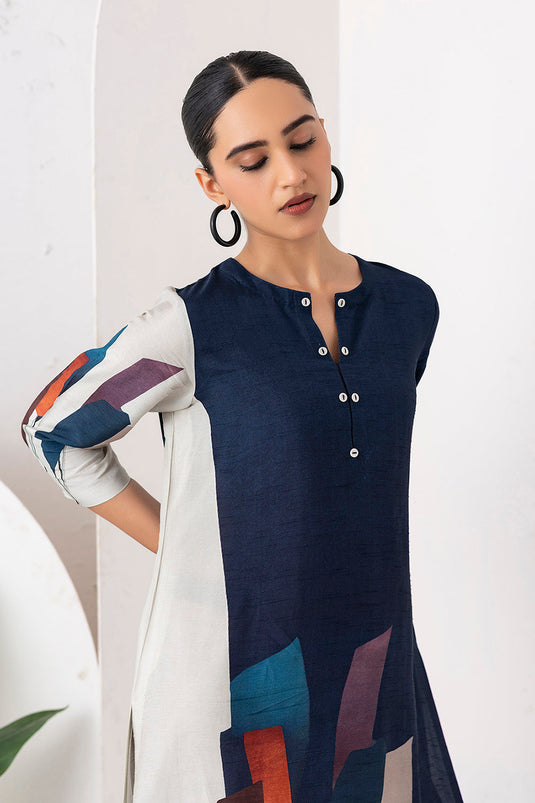 Blue & Ivory Viscose Dupion Printed Tunic