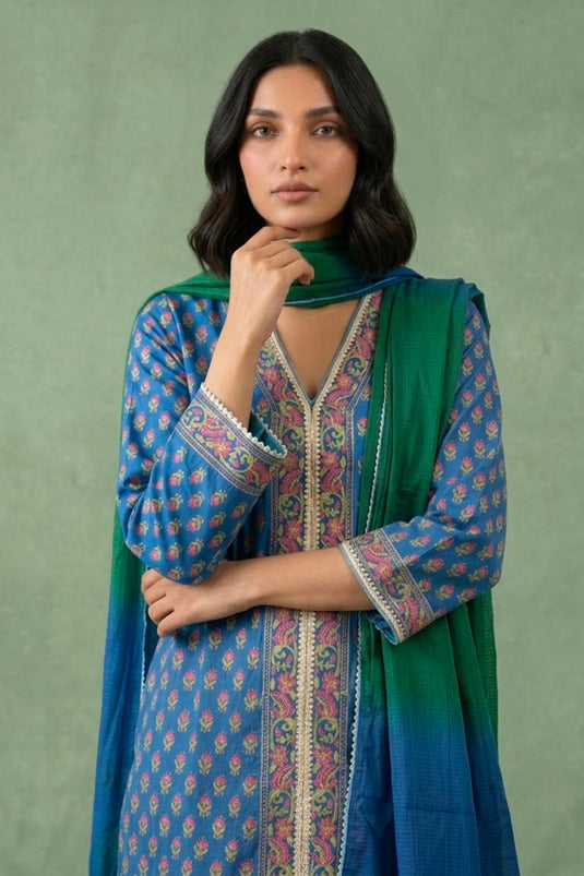 Blue kurta set paired with shaded dupatta