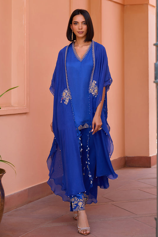 Blue linen satin kurta set with cape