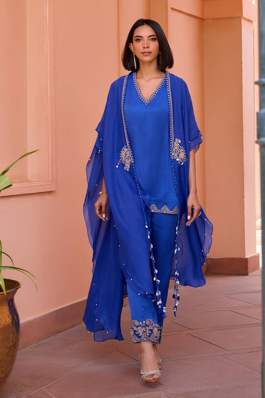 Blue linen satin kurta set with cape