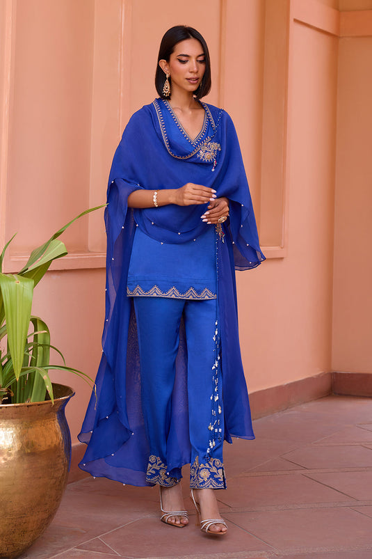 Blue linen satin kurta set with cape