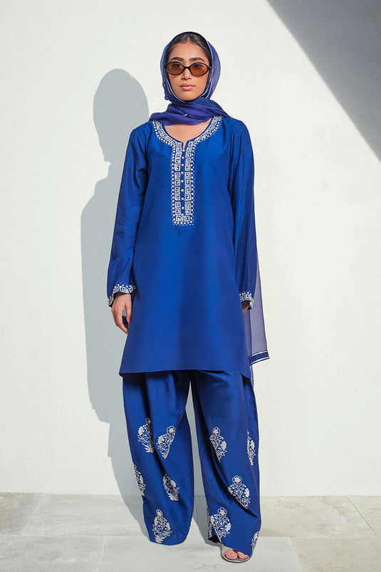 Blue Luxe Embroidered Farshi Suit Set with Dupatta