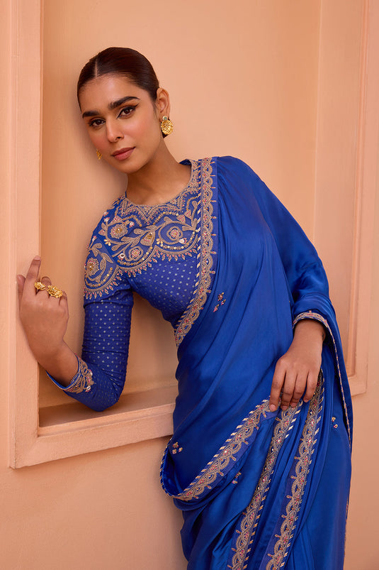 Blue pure satin embroidered saree set