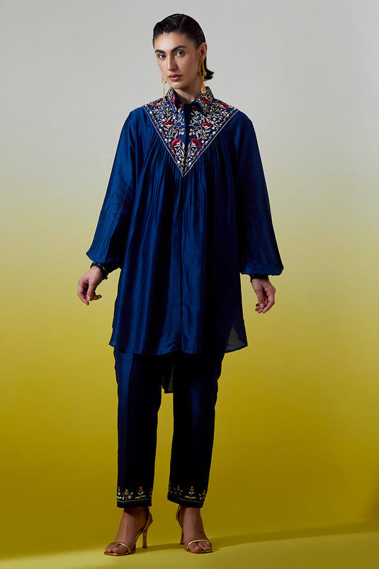 Blue Shirt with pintucks and pant