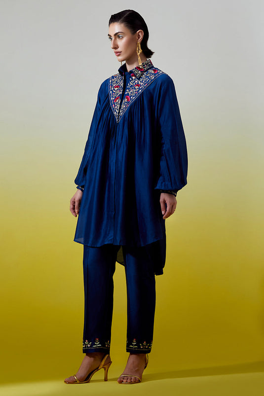 Blue Shirt with pintucks and pant