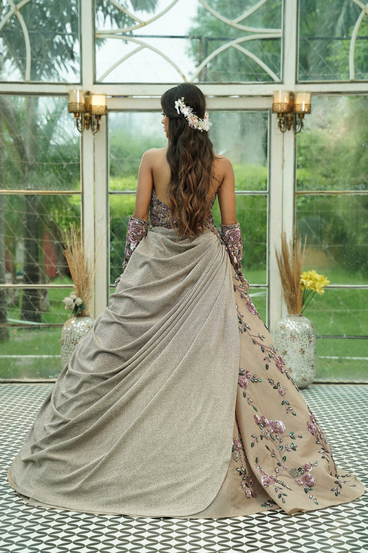Blush Lavender Embroidered Off-Shoulder Ball Gown with Draped Detail
