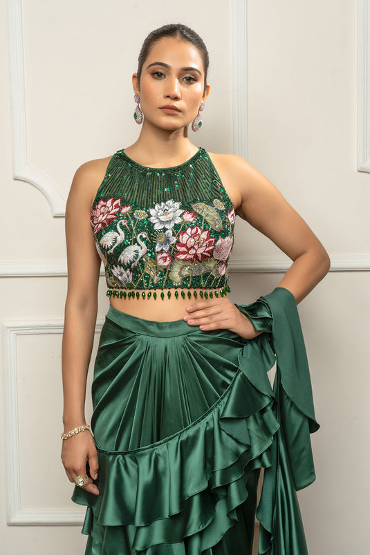 Bottle green drape saree set