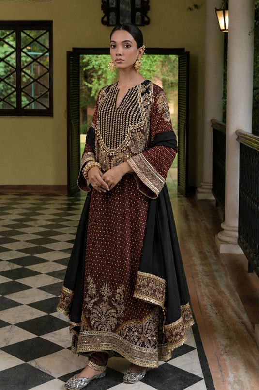 Brown Crepe Kurta With Printed Palazzo And Black Dupatta Detailing