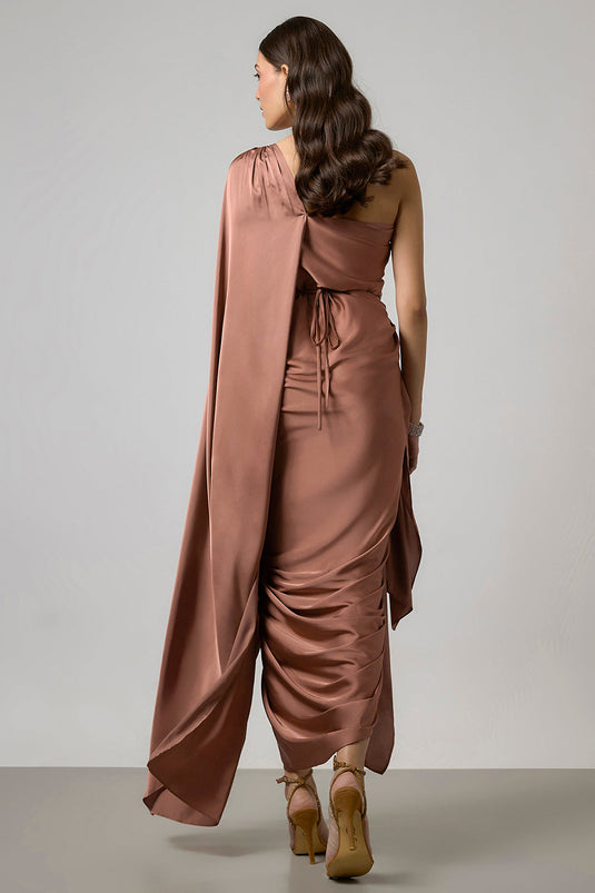 Brown One Shoulder Satin Gown