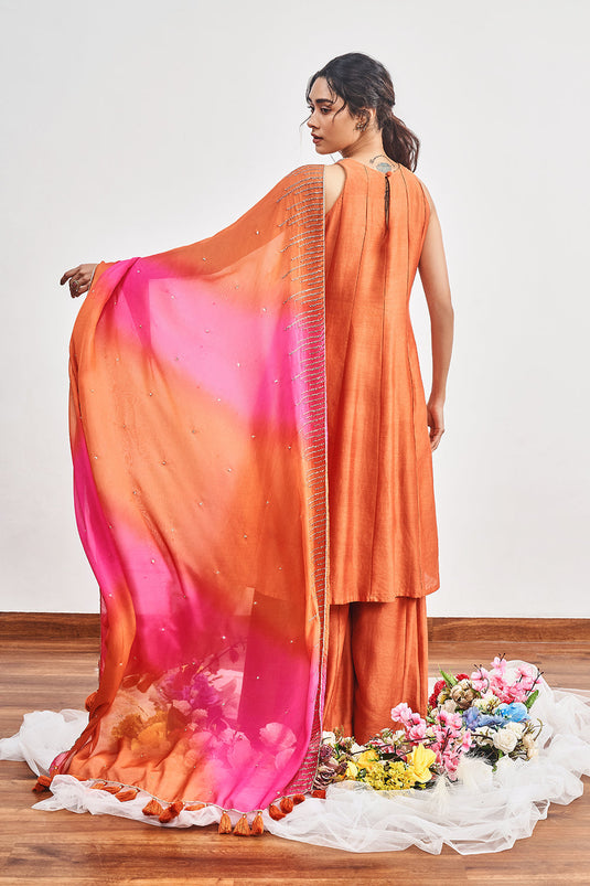 Burnt Orange Kalidaar with Burnt Orange X Hot Pink Shaded Dupatta