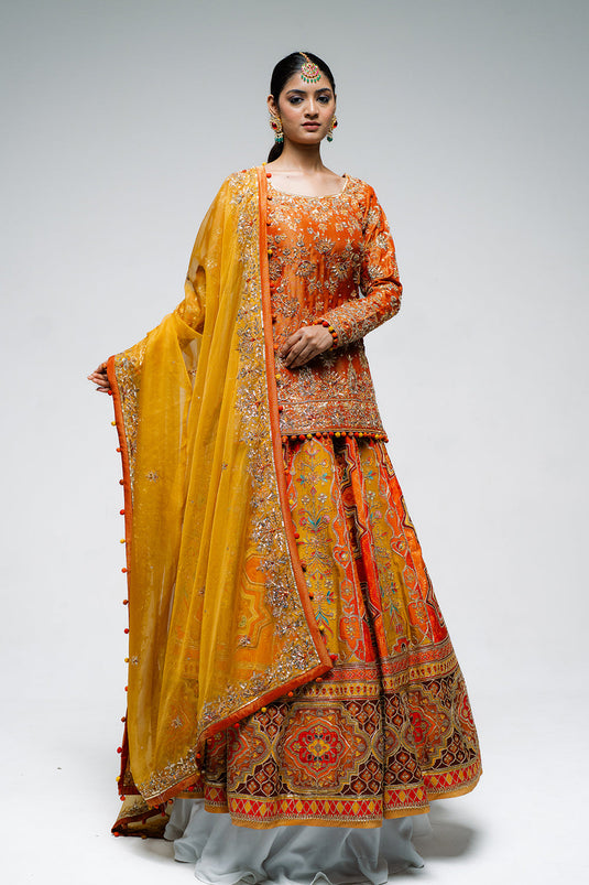 Burnt Orange Lehenga Set with Mustard Dupatta