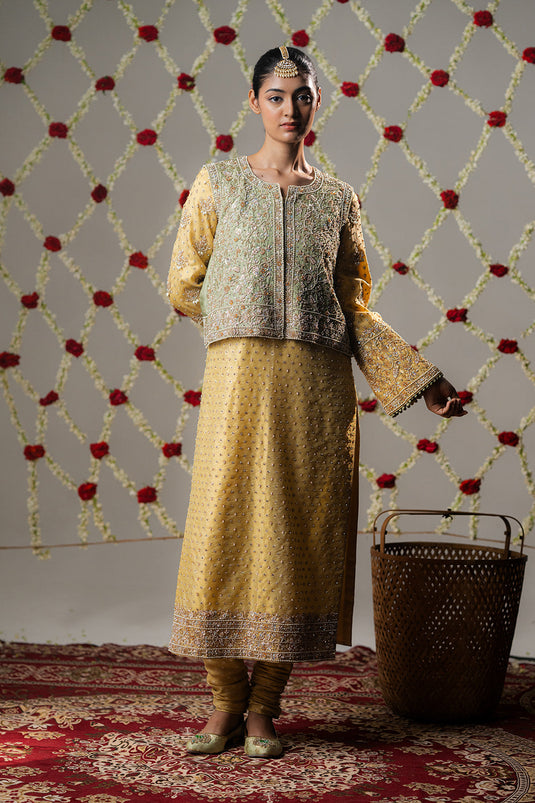 Butter Yellow Booti Tissue Jacket Set