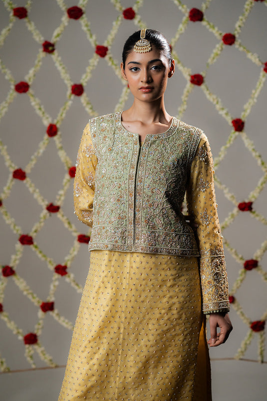 Butter Yellow Booti Tissue Jacket Set