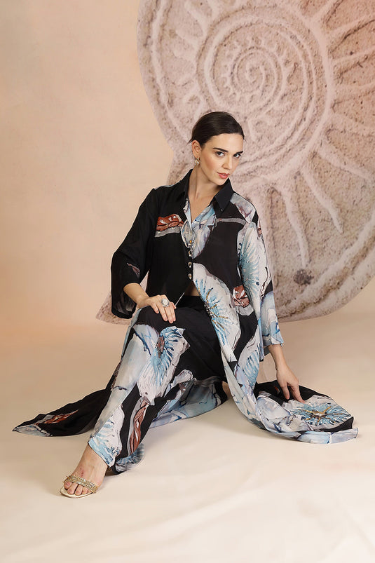 Charcoal Black Muslin Silk Kurta Set with Coral Print & Bead Embroidery