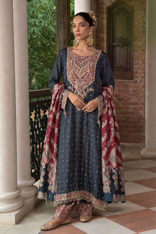 Charcoal Crepe A Line Long Kurta Set With Dupatta Design