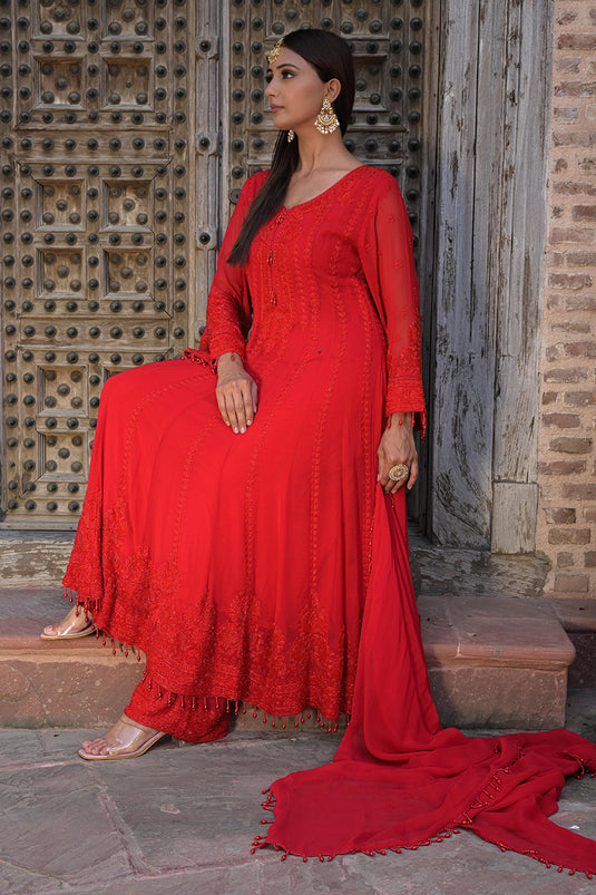 Classic Red Georgette Beads Work Anarkali Suit Set