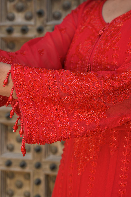 Classic Red Georgette Beads Work Anarkali Suit Set