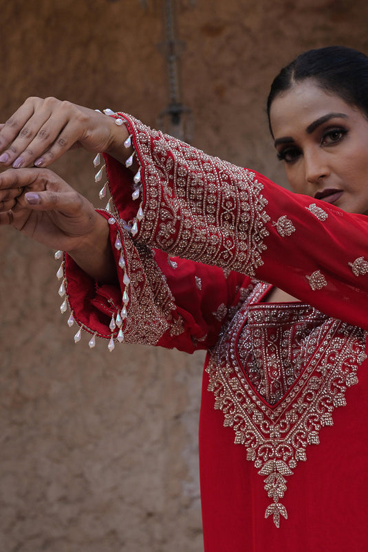 Classic Red Georgette Beads Work Kurta Palazzo Set