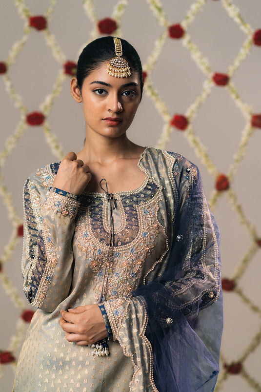 Cloud Grey Booti Tissue Gharara Set