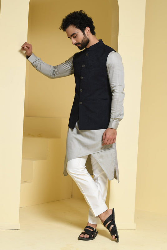 Cotton Grey kurta pants with contrasting silk embroidered jacket