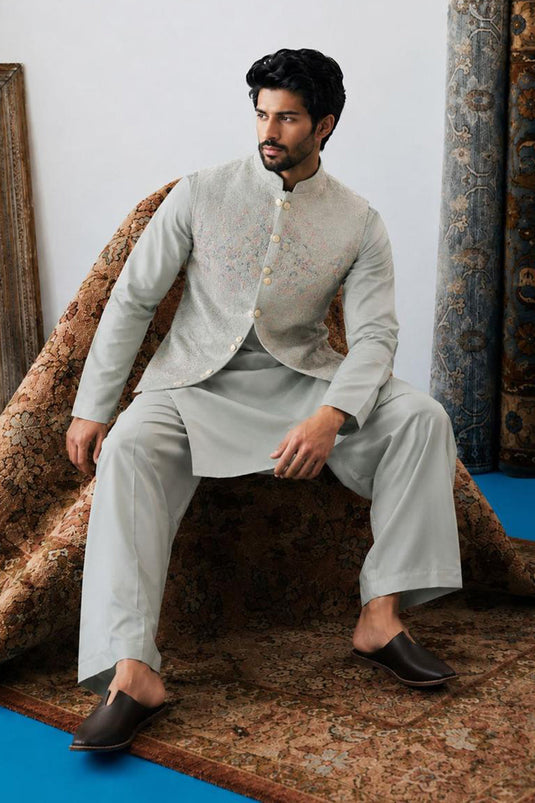 Cream Sea-Green Kurta Jawahar Set