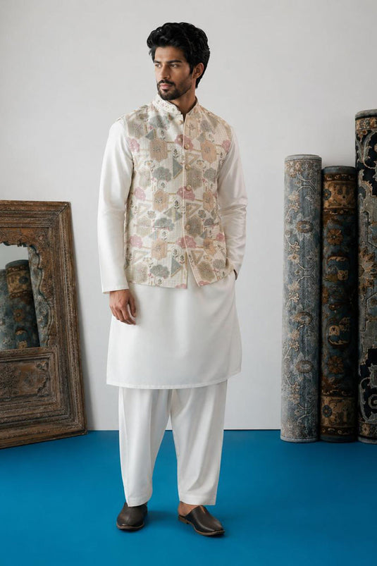 Cream Sea-Green Kurta Jawahar Set