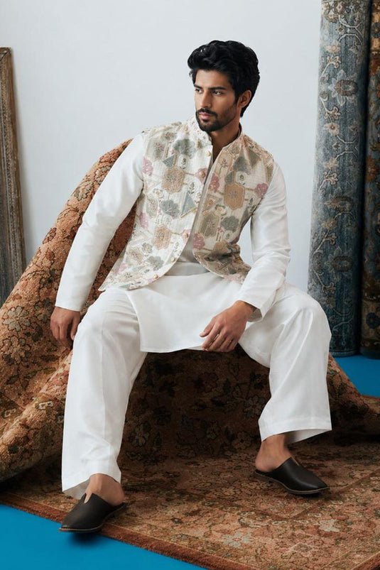 Cream Sea-Green Kurta Jawahar Set