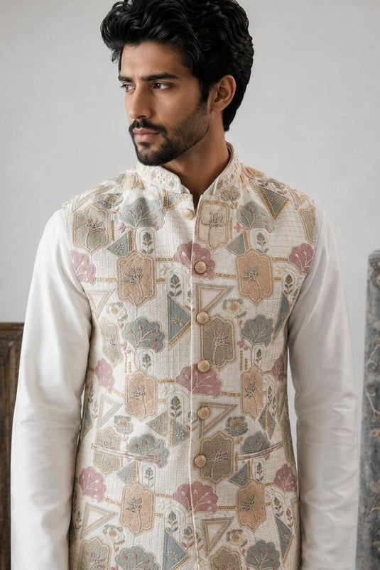Cream Sea-Green Kurta Jawahar Set