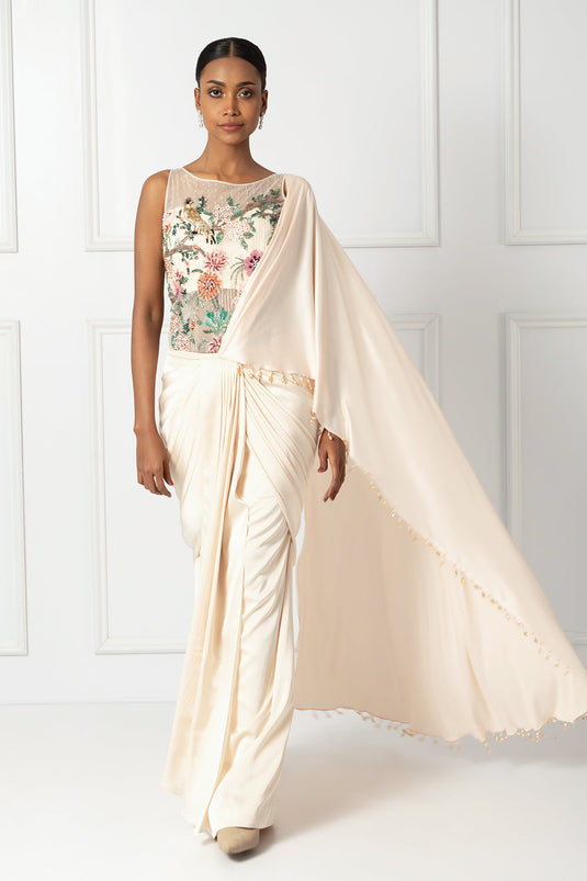 Creame drape saree set