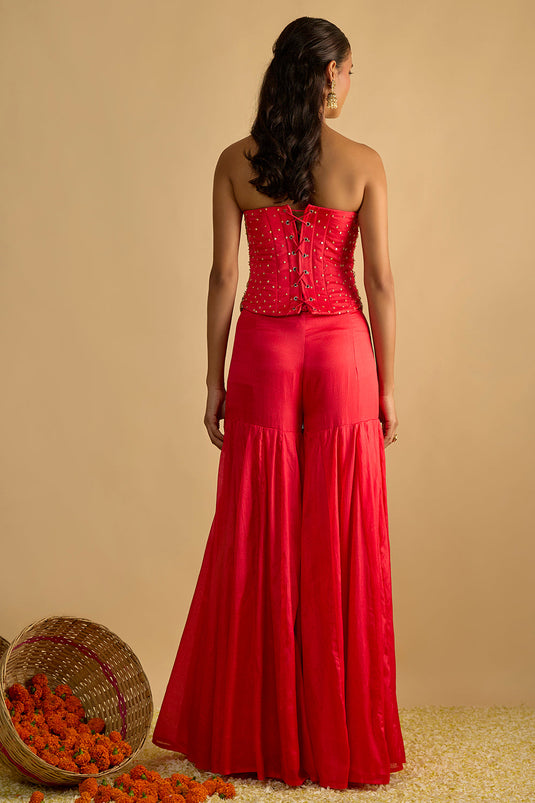 Crimson Blush Silk Chiffon Hand Embroidered Corset with Gharara Pants and Chitta work Organza Dupatta