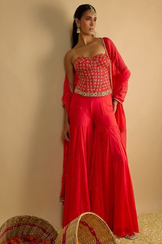 Crimson Blush Silk Chiffon Hand Embroidered Corset with Gharara Pants and Chitta work Organza Dupatta