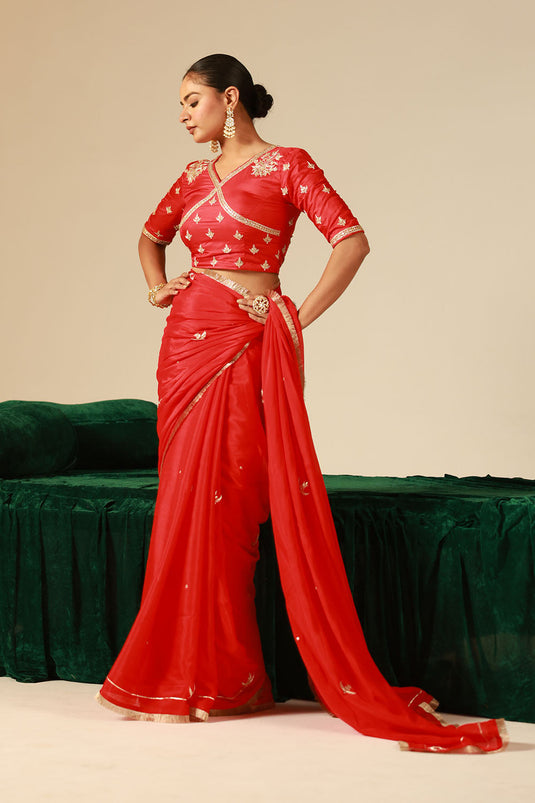 Crimson Red Chinon Saree