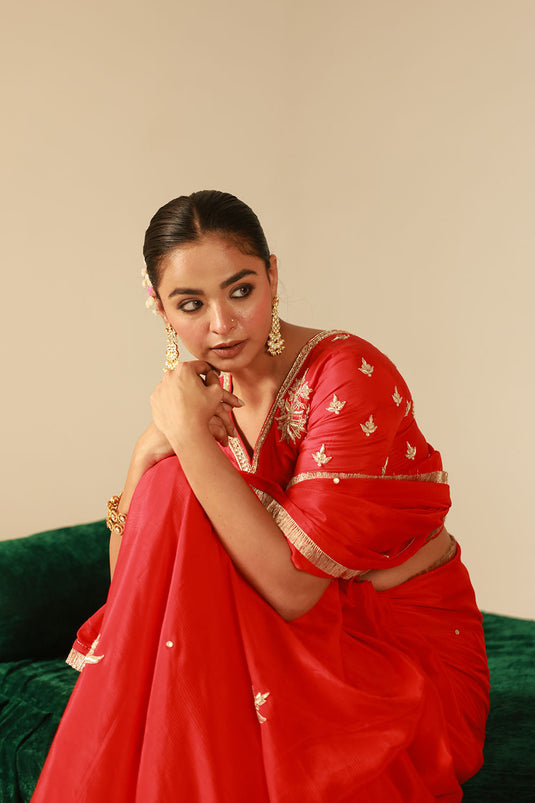 Crimson Red Chinon Saree