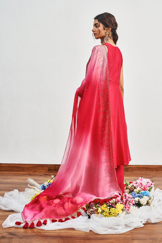 Crimson Red Kalidaar with Crimson Red X Rose Pink Shaded Dupatta